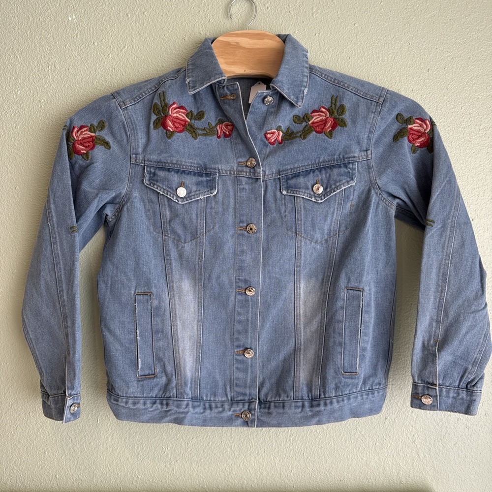 Ladies Rose Embroidered Denim Jacket Festival Cottage Core Prairie Cowgirl Small
